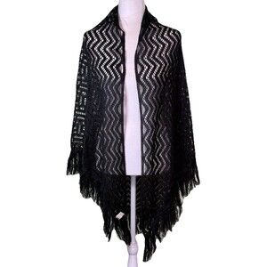 Women Black Crochet Fringe Openwork Shawl Whimsigoth Witchy Size 43” X 78”